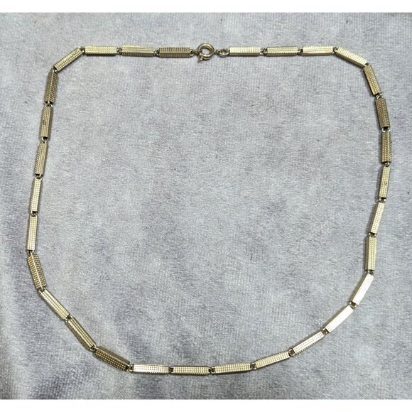 Vintage Rectangular Tube Chain Necklace Gold Tone With Textured Finish - Picture 5 of 5